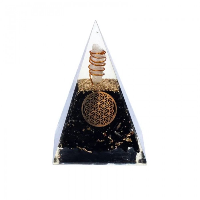 Οργονίτης Πυραμίδα Μαύρη Τουρμαλίνη Flower Of Life 5cm - Tourmaline Οργονίτες - Ενεργειακές Γεννήτριες